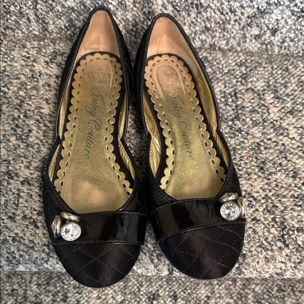 Juicy Couture Black Quilted Flats with Crystal Accent